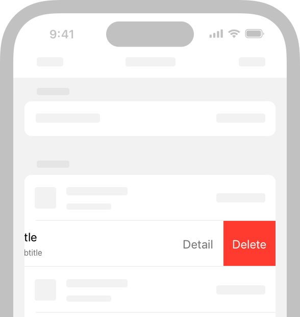 An illustration of a list-based app on iPhone. The Delete button for the first item is revealed, as if someone swiped the item to the left.