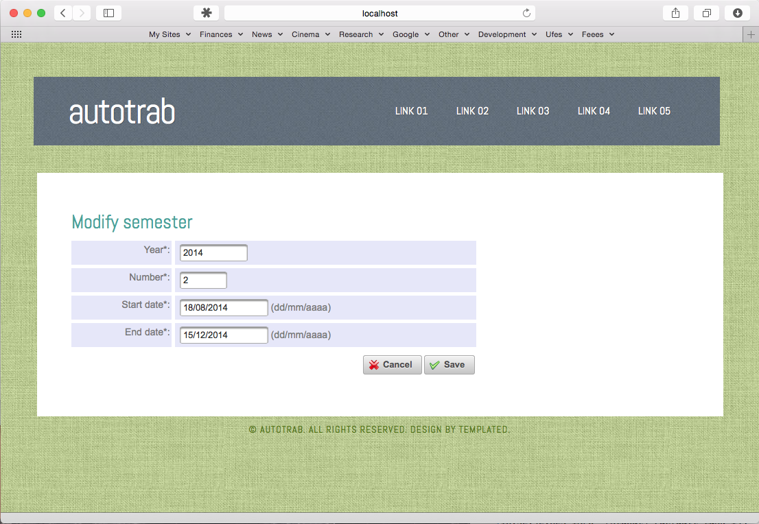 Form to view, add and edit semesters, as a result of step 3 of the tutorial.