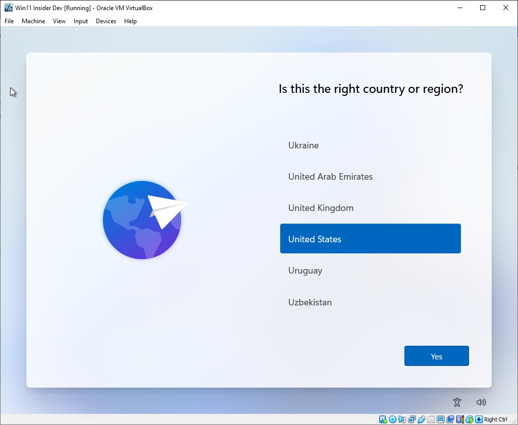 Choose Country or Region menu