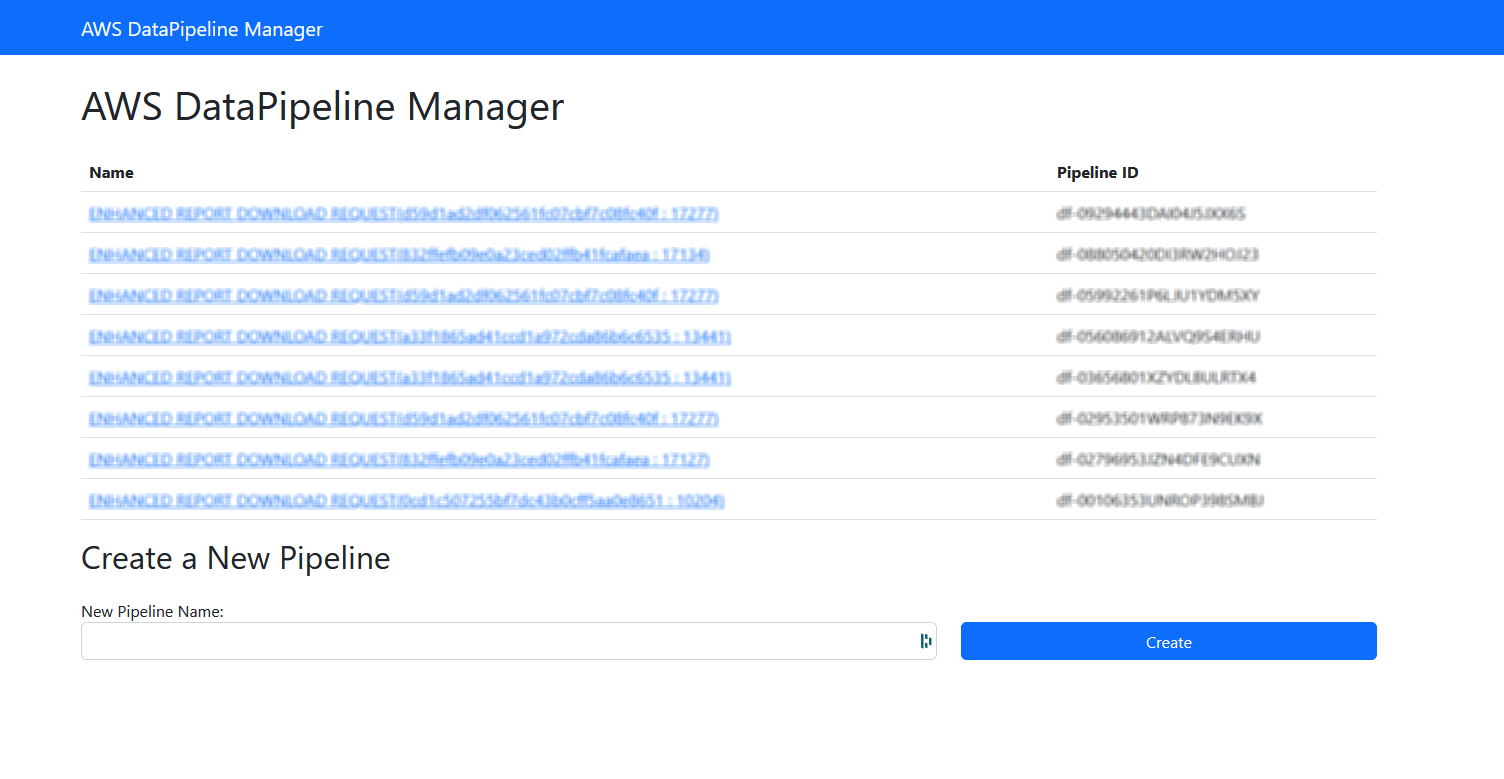 AWS DataPipeline Manager - Pipeline List View