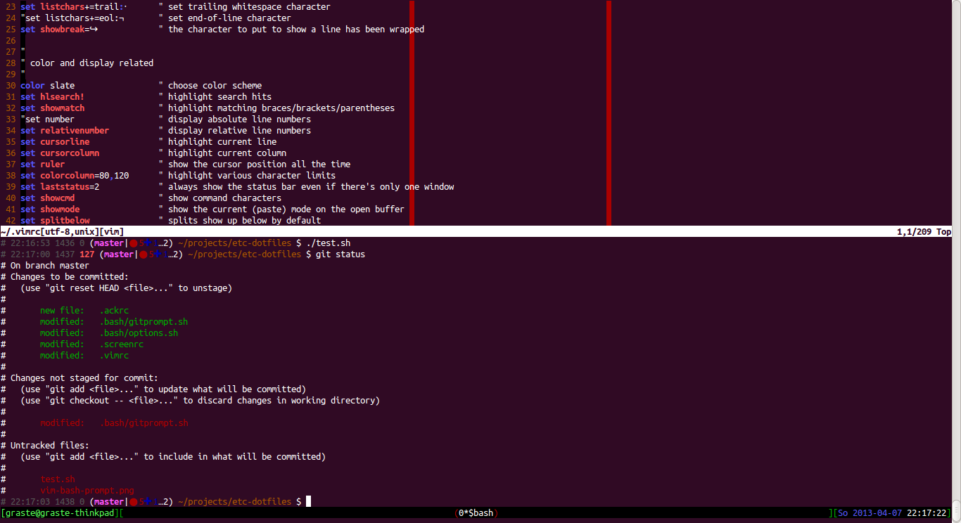 Screenshot of screen/vim/bash/gitprompt