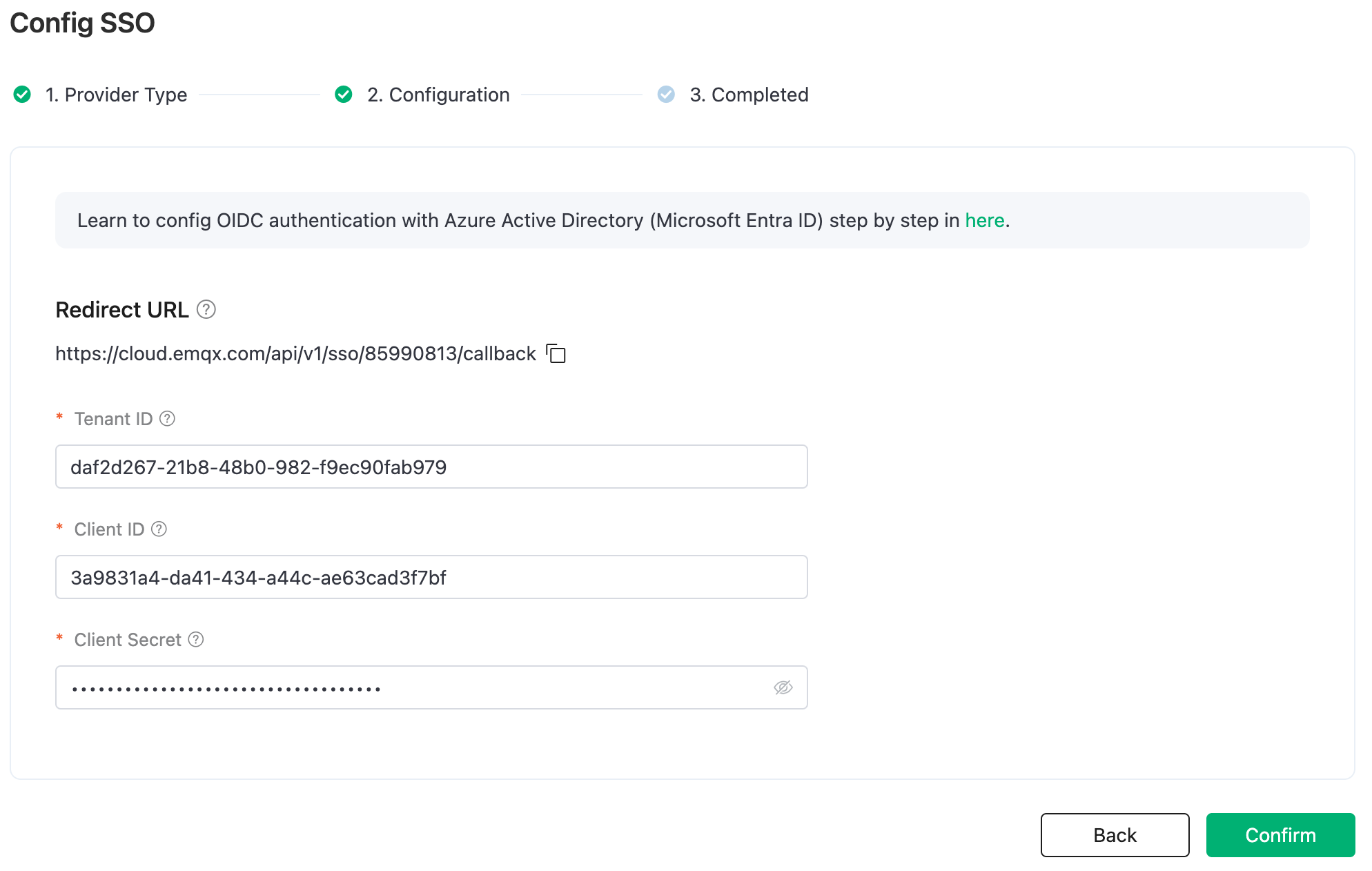 Config Tenant ID, Client ID and Client Secret in EMQX Cloud