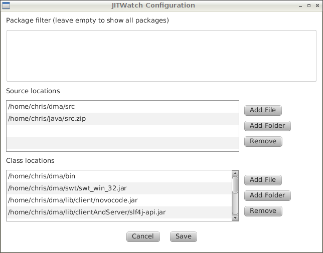 Configure JITWatch by mounting src trees, class folders, and jars