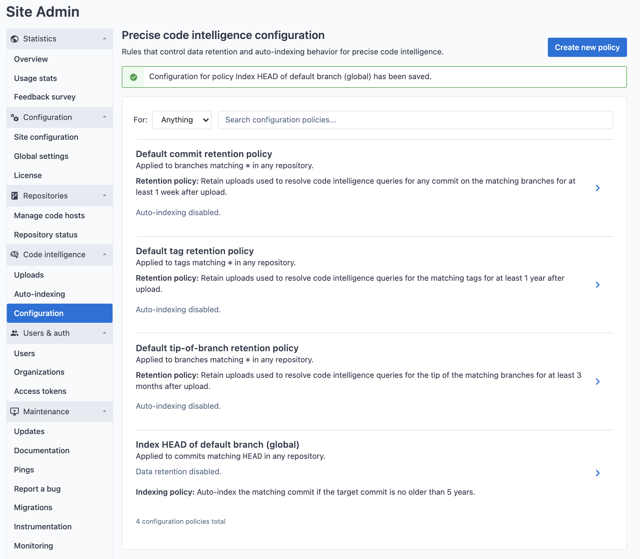 Global auto-indexing policy configuration created confirmation