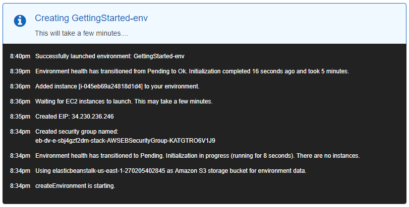 [Elastic Beanstalk console showing the events that occur when it creates an environment]