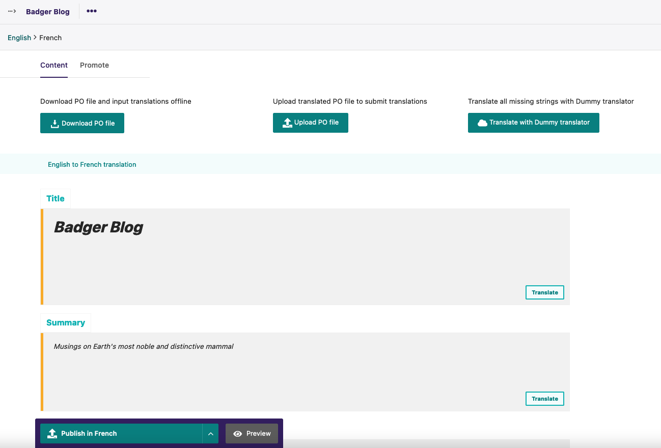 Screenshot of the initial translation view for Badger Blog
