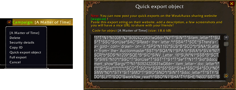 Quick export opens a popup with the string of characters you want to share