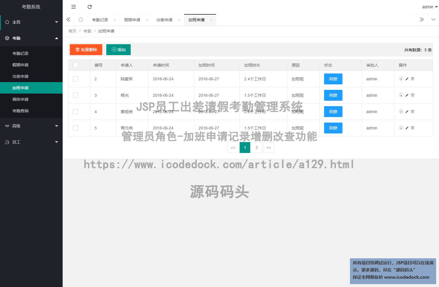 源码码头-JSP员工出差请假考勤管理系统-管理员角色-加班申请记录增删改查