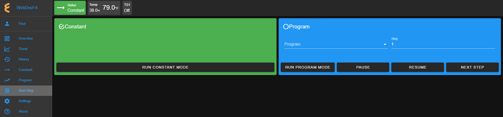 The Start/Stop menu with a Status Bar