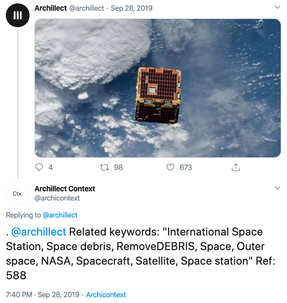 Tweet: @archillect Related keywords: "International Space Station, Space debris, RemoveDEBRIS, Space, Outer space, NASA, Spacecraft, Satellite, Space station" Ref: 588