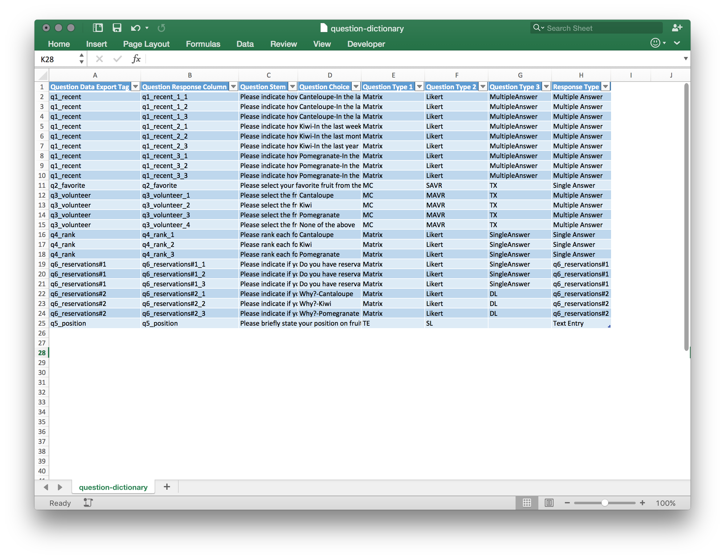 question dictionary csv