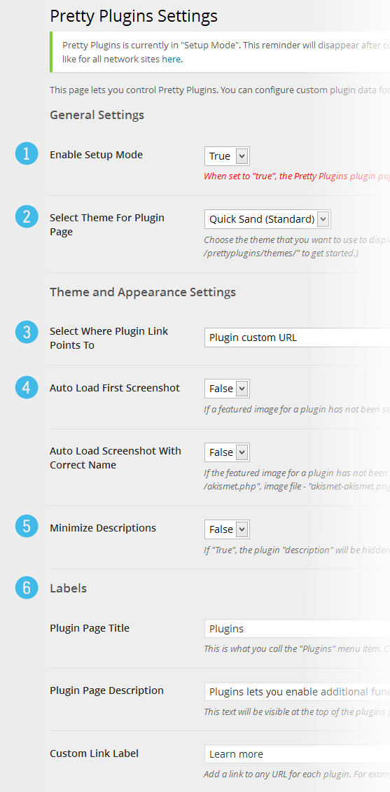 1. Enable/disable Setup mode. 2. Select your preferred theme. 3. Select plugin link destination. 4. Select your screenshot preferences. 5. Show/hide plugin descriptions. 6. Customize the labels.