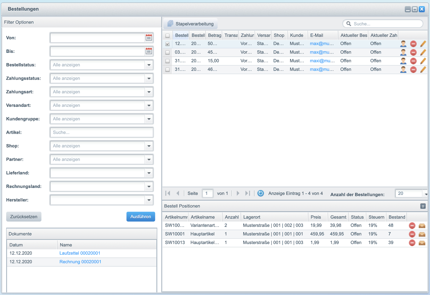 storage location of an article in the order list view