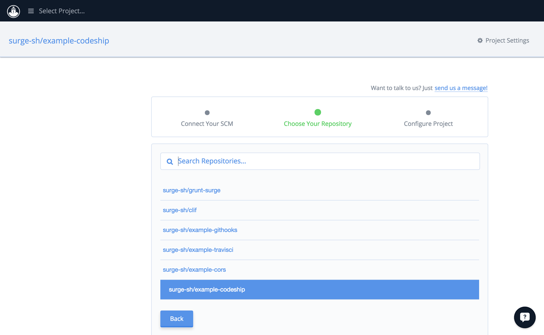 Add the GitHub or Bitbucket repository your project is stored in. This example is using the surge-sh/example-codeship repo.