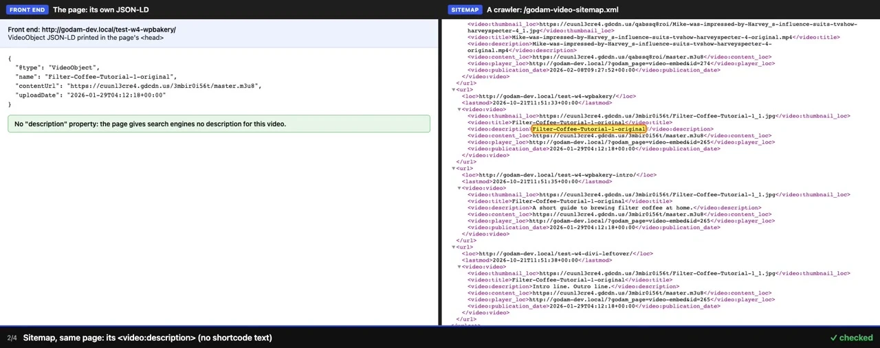 V2 after the fix, two panes, the sitemap description has no shortcode text