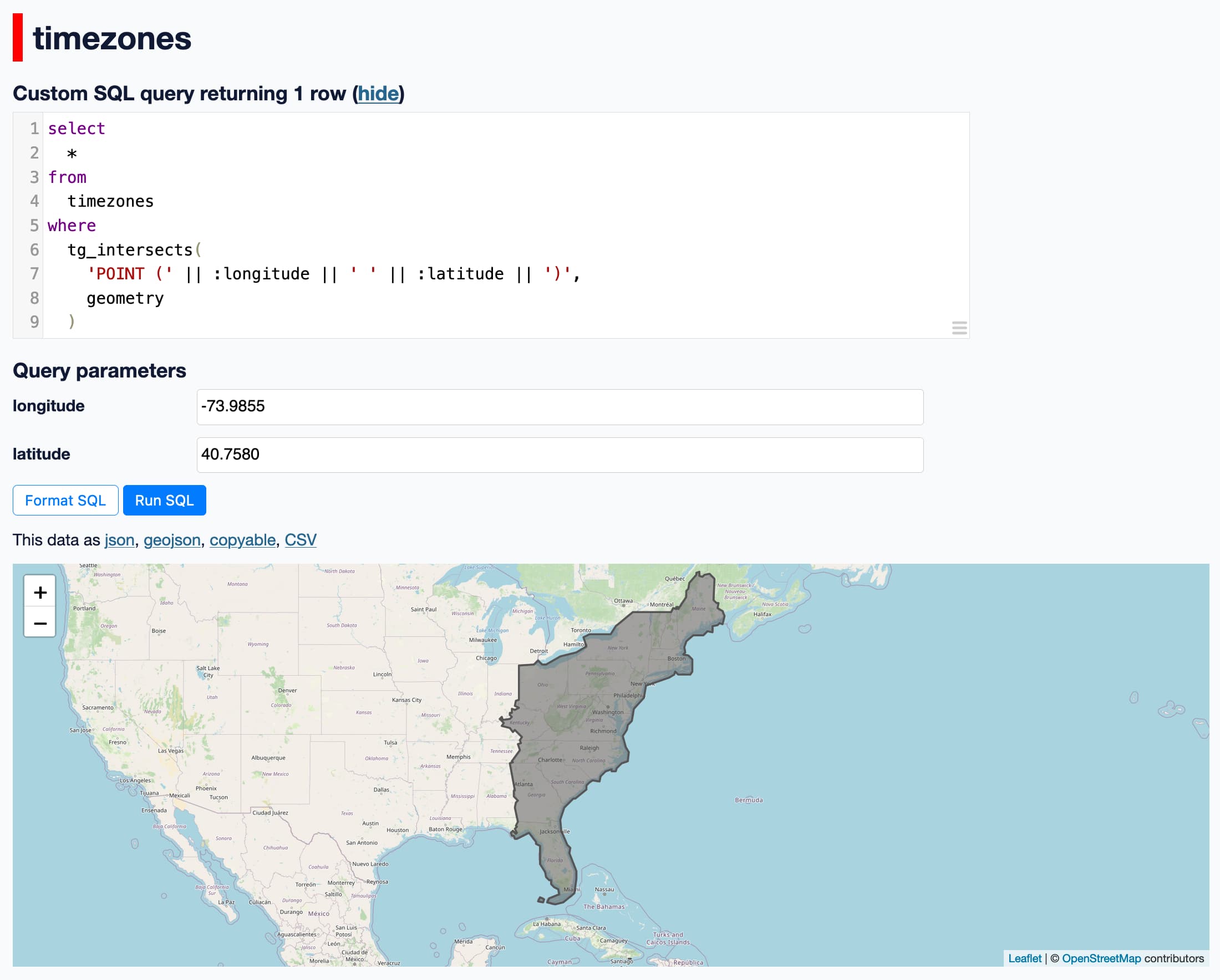 Screenshot of the timezone for New York rendered on a map below the SQL query