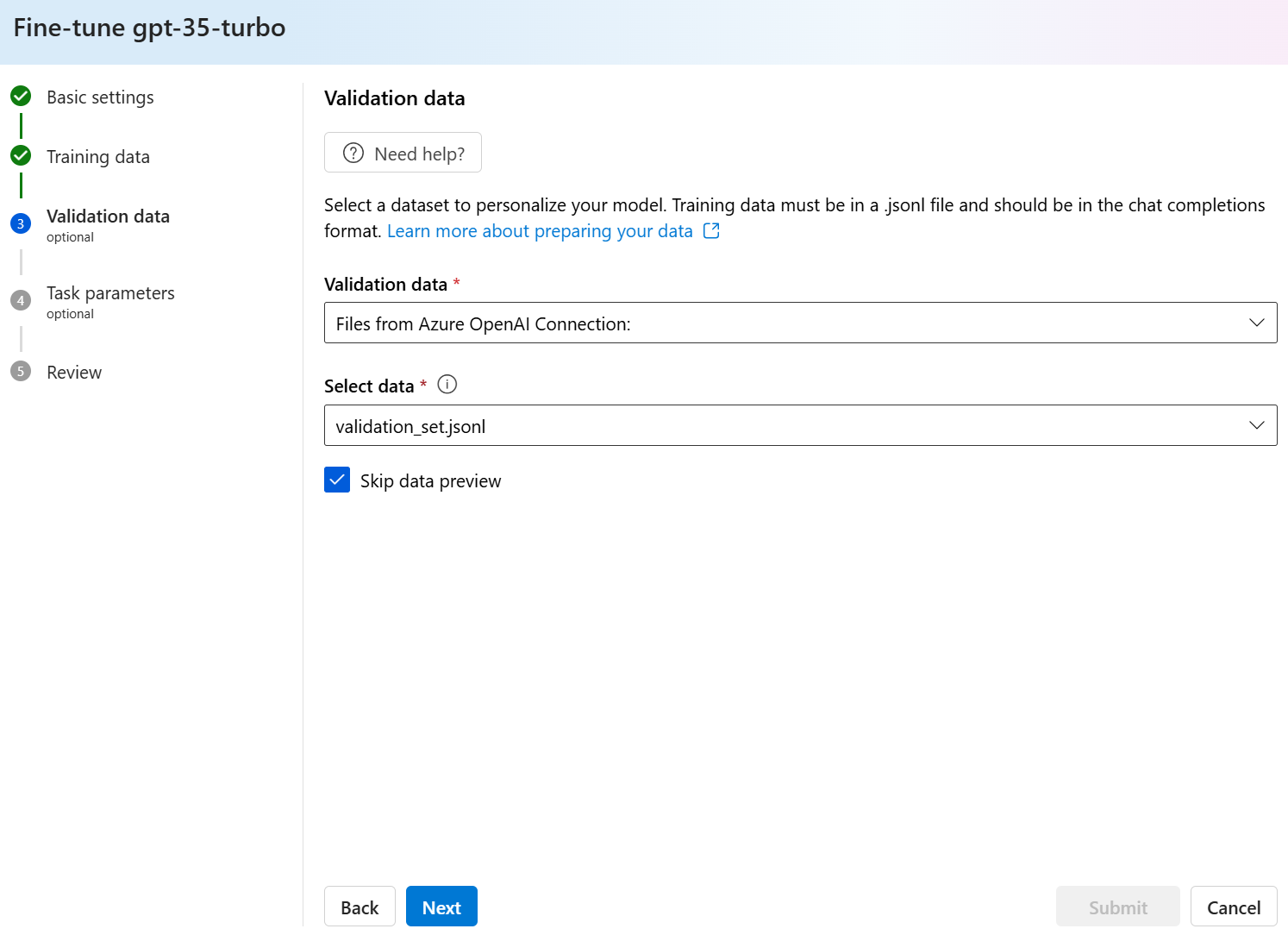 Screenshot of the Validation data pane for the Create custom model wizard in Azure OpenAI Studio.