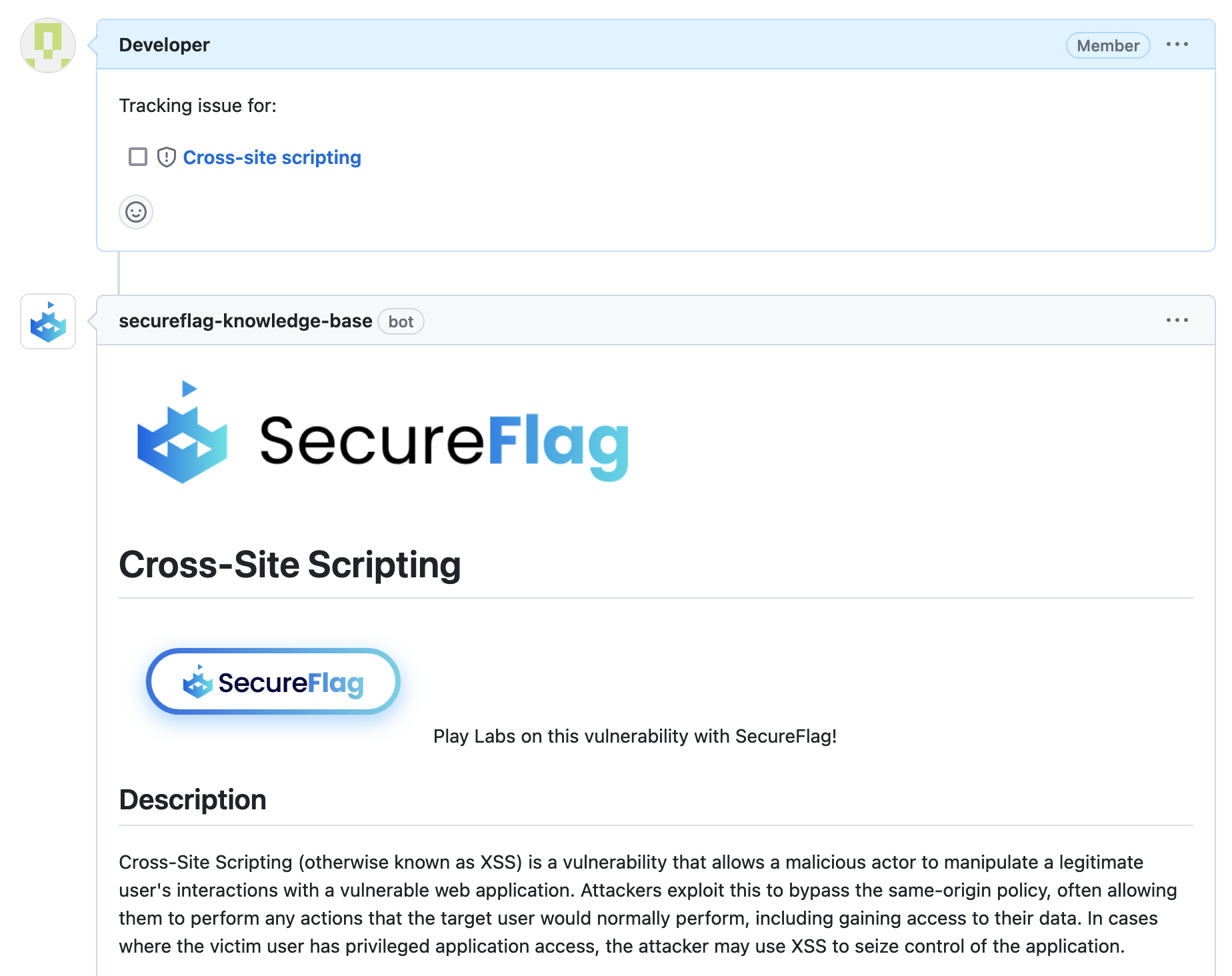 SecureFlag Knowledge Base bot responding with remediation advice for a cross-site scripting issue