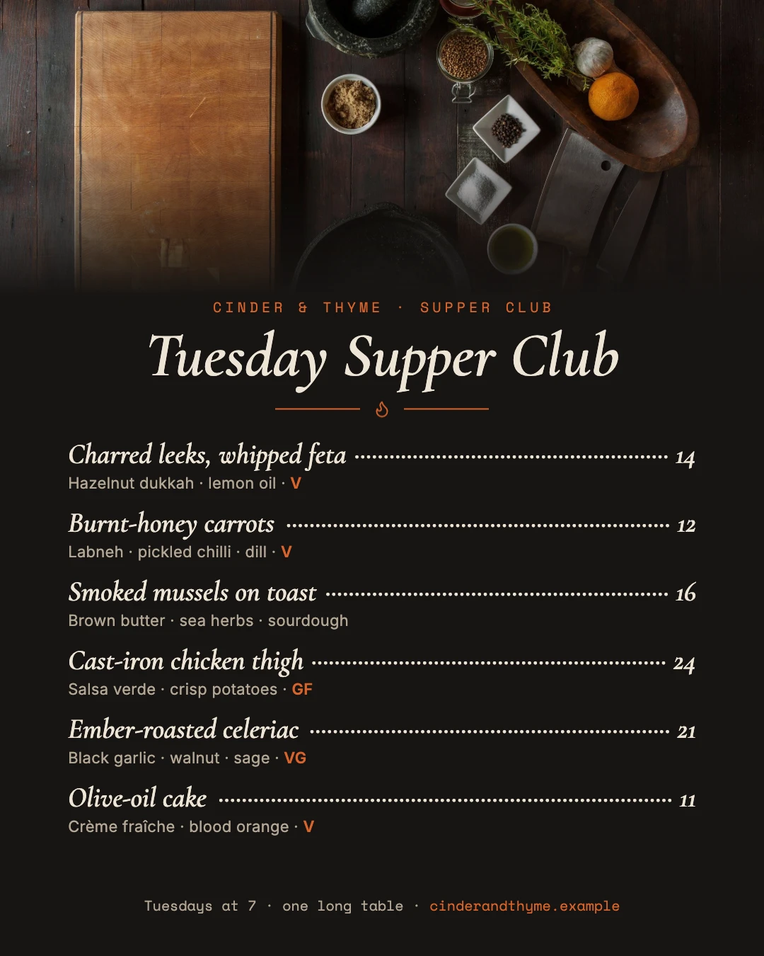 A supper-club menu with dot leaders to the prices