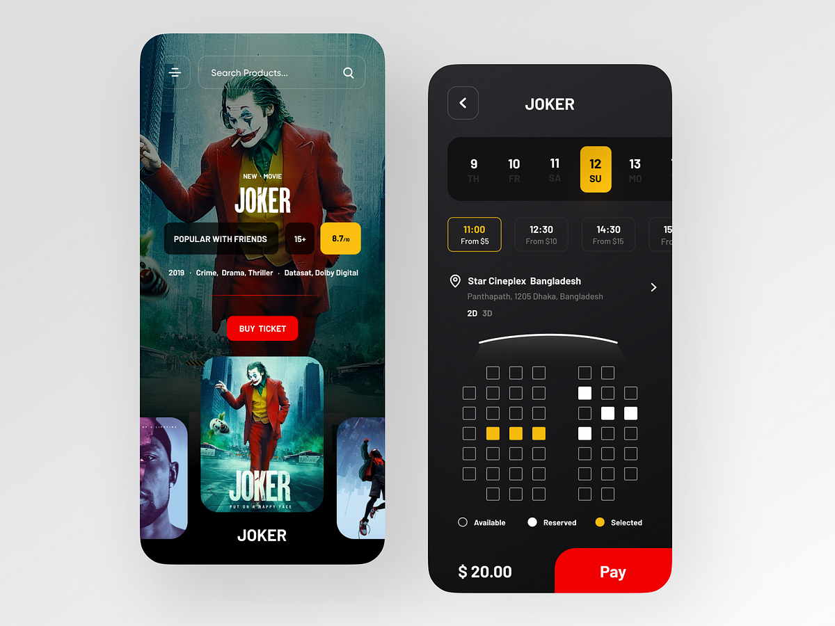 Flutter-UI: Movie Ticket Reservation app concept by sajon on dribbble