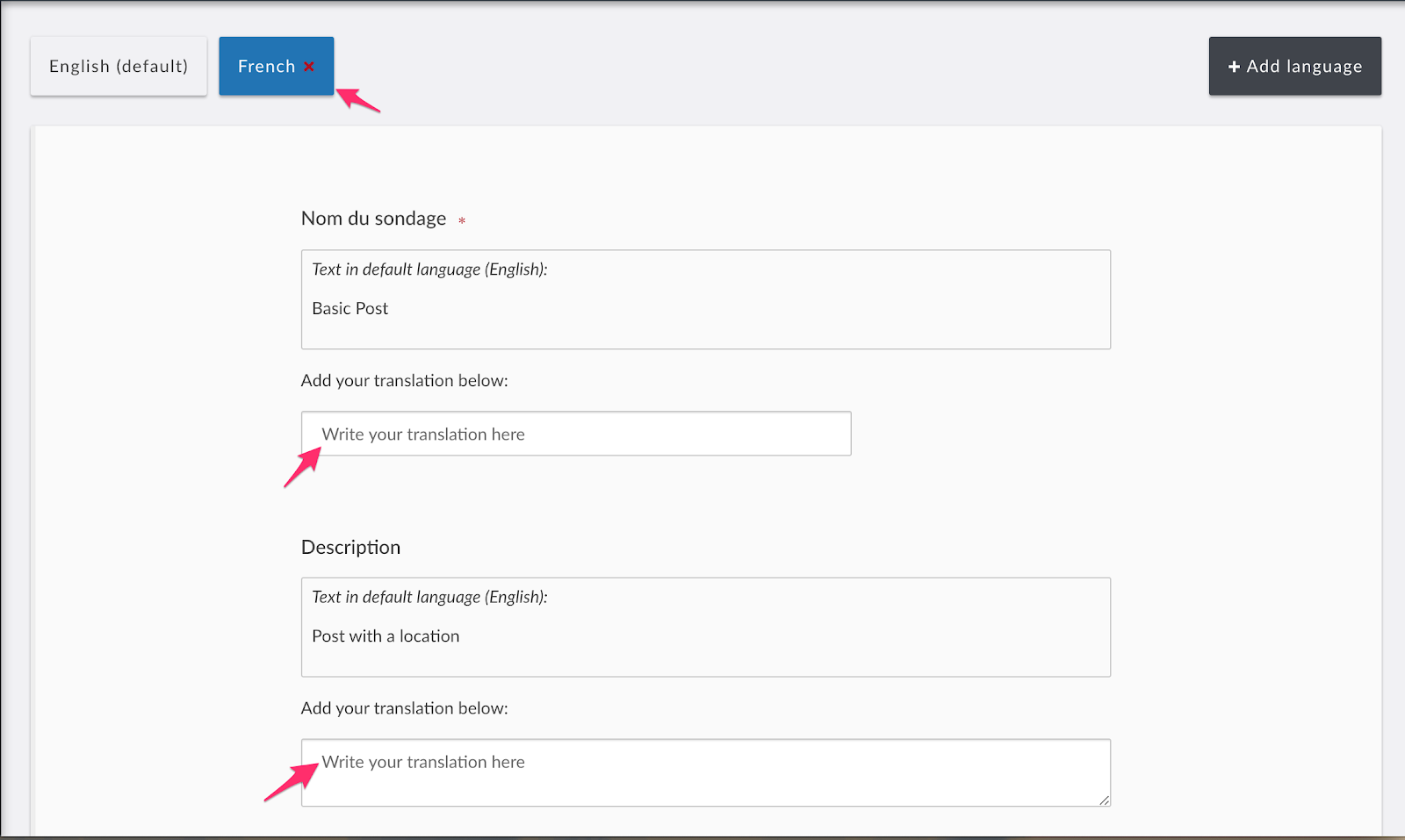 Chosen language in this example is French