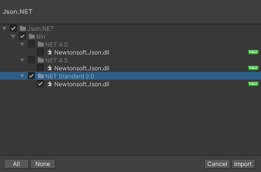 Json.NET Unity Package Import UI