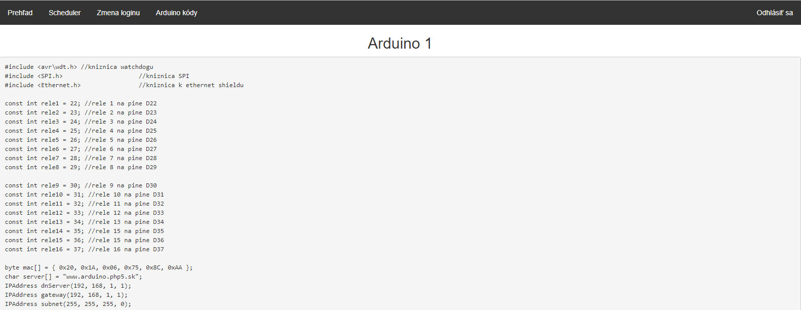 Týždenné relé cez Arduino - webaplikácia