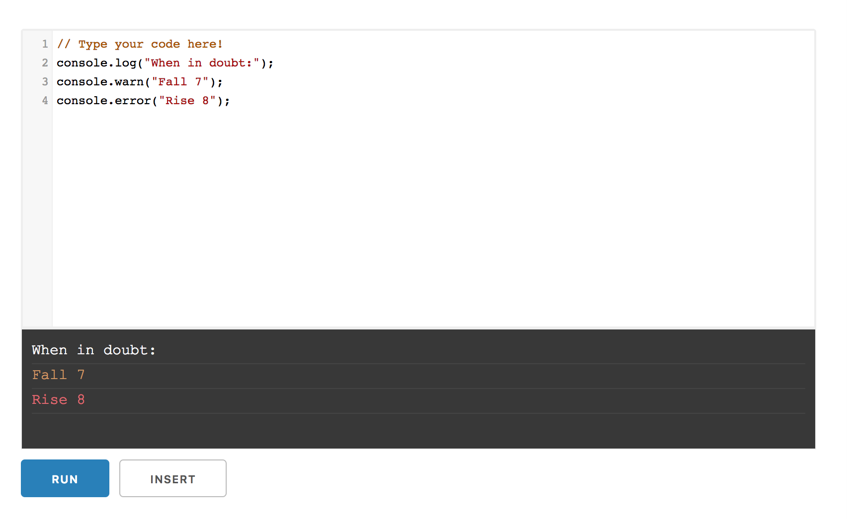 Screenshot of the editor with the text: "When in doubt, Fall 7; Rise 8."