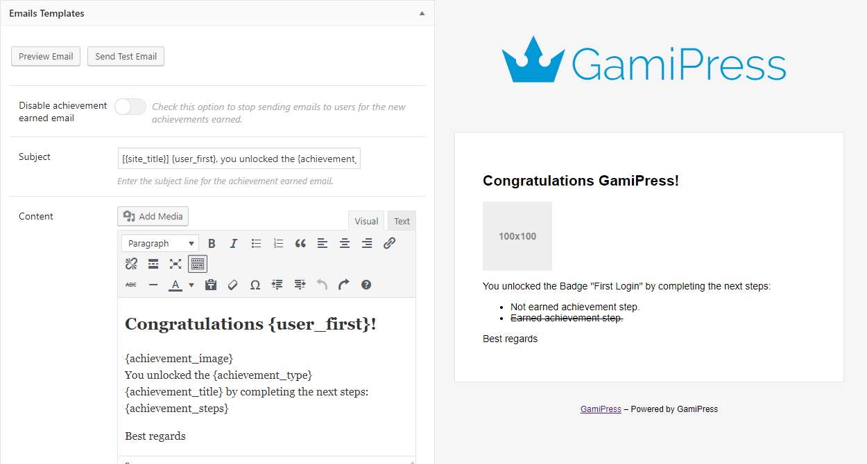 Configurable email templates to let your users get notified automatically about new awards