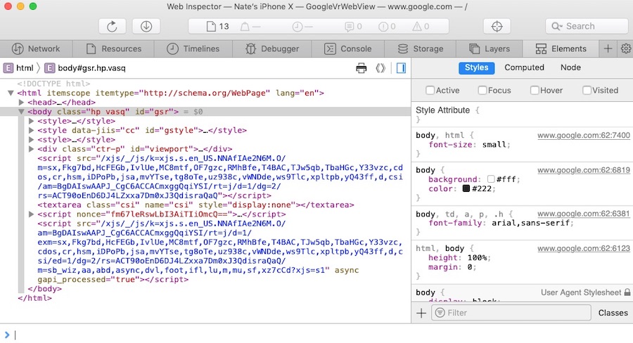 Safari Web Inspector window