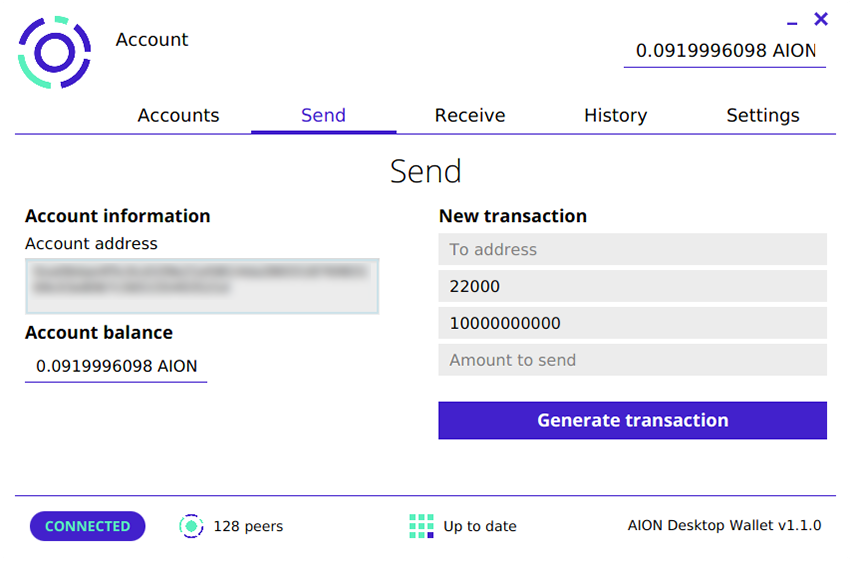 Image of the "Send" tab in Aion Desktop Wallet