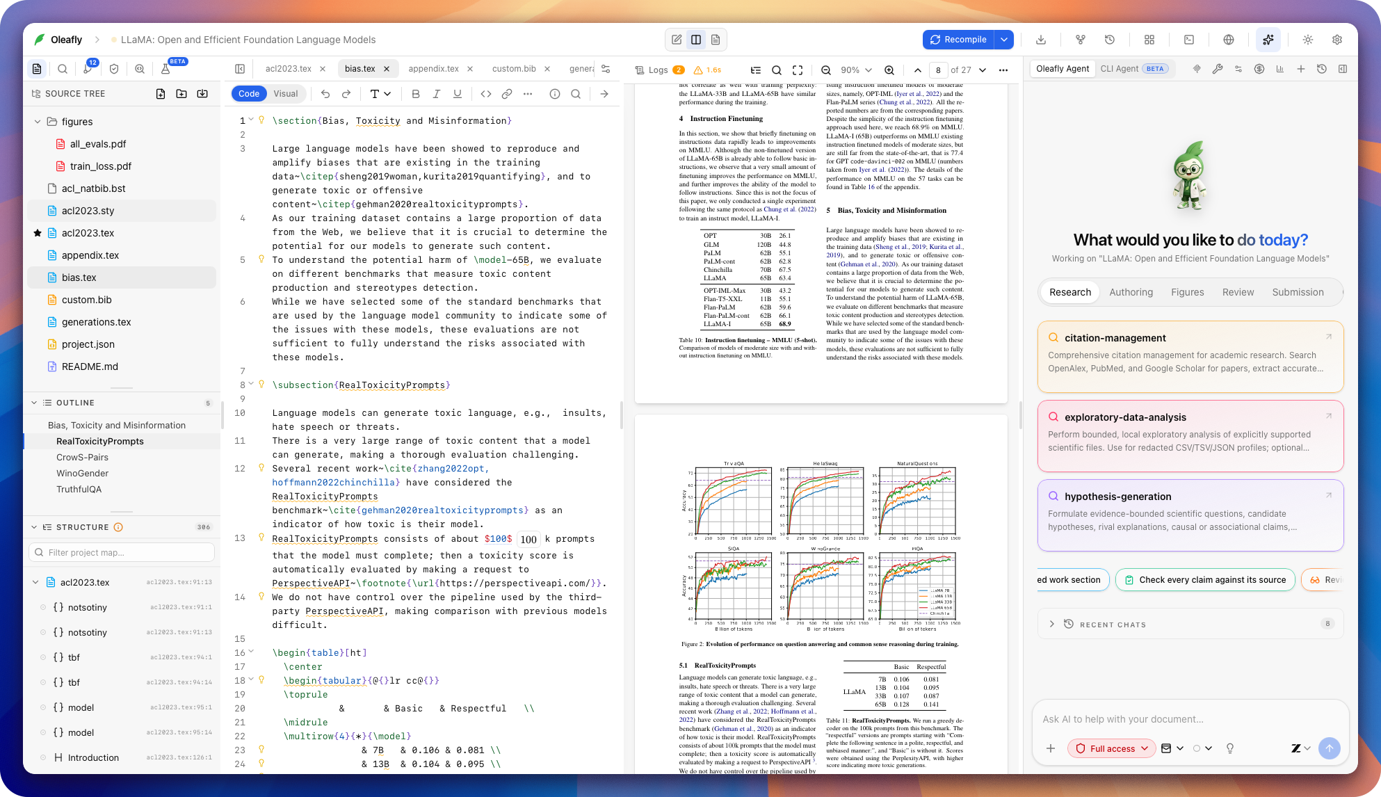 Oleafly with a research paper's LaTeX source, project outline, and compiled PDF open together