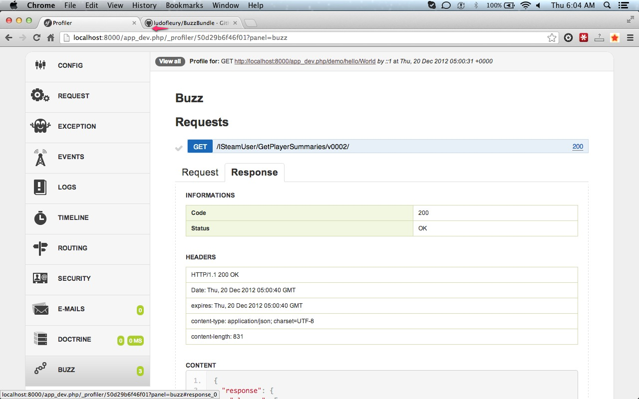 Buzz Symfony web profiler panel - response details