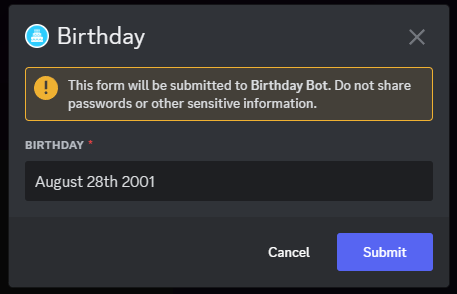 Birthday input modal