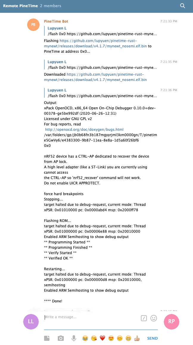 Flashing Remote PineTime with Telegram