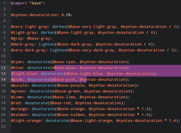 A screenshot of some LESS using the Darya syntax theme