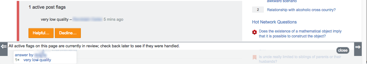 Result of clicking on the resolved flag link, which opens to show the active flag and "Helpful..." and "Decline..." options