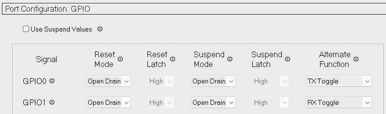 Screenshot of Simplicity Studio, showing the GPIO configs, with Alternate Functions being TX/RX Toggle