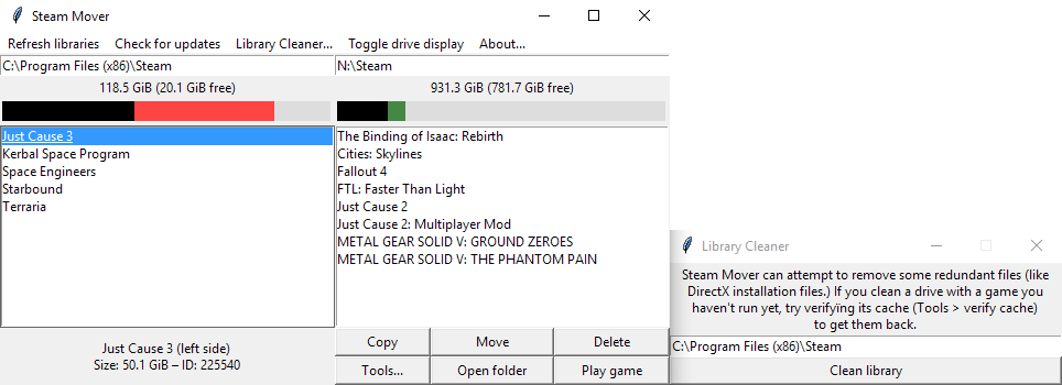 A screenshot of Steam Mover in action, with the Library Mover window also nearby.