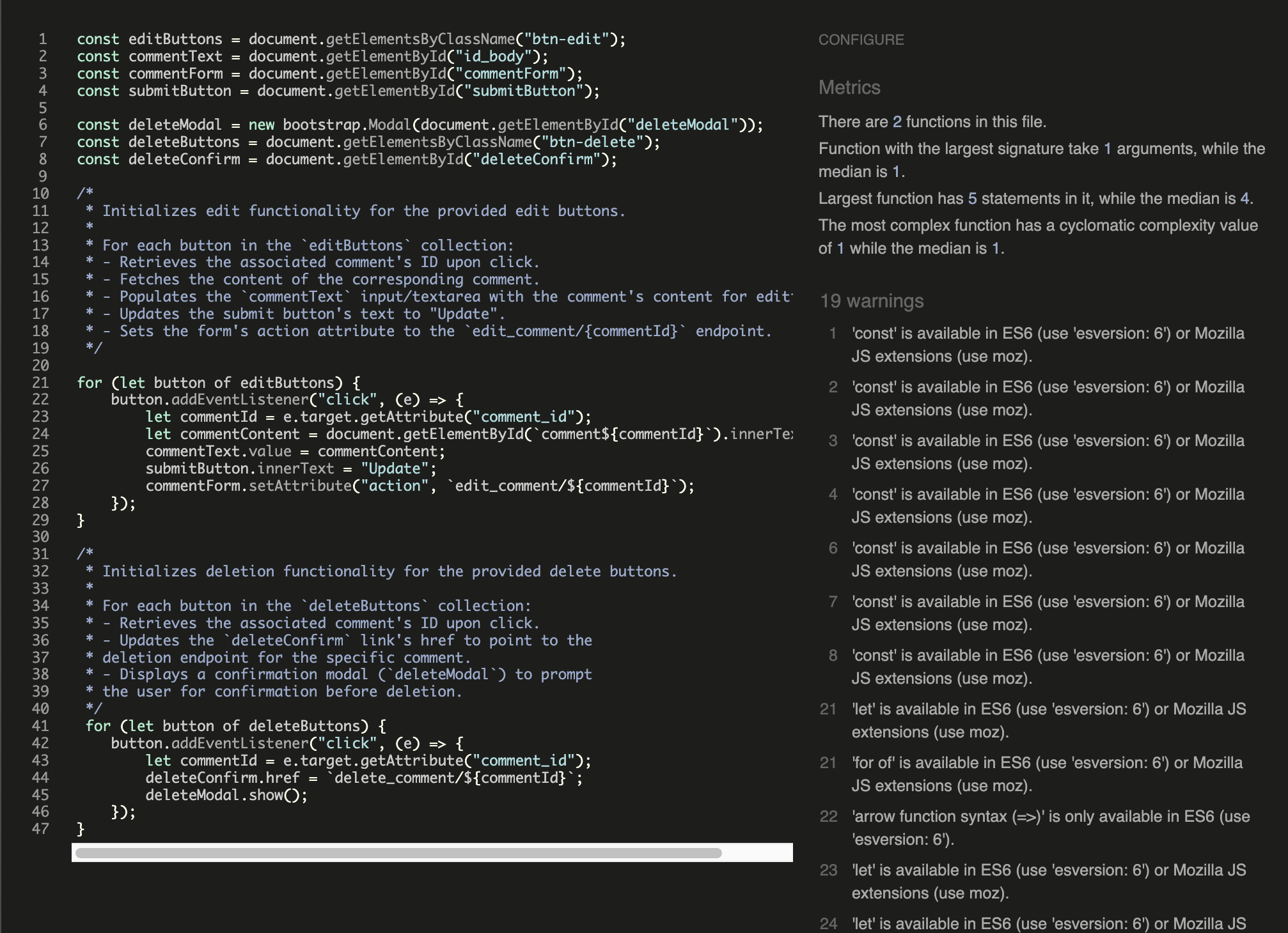 JavaScript validation results