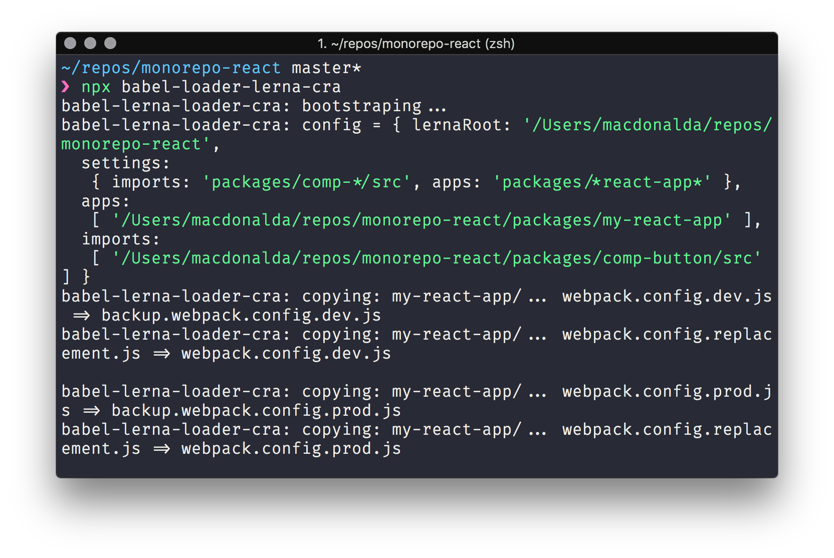 Screenshot of babel-loader-lerna-cra bootstrapping Create-React-App's Webpack config in the CLI