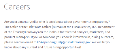 Screenshot of USAspending About page displaying the Career section, plain text with an email link.