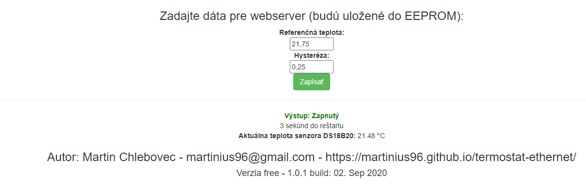 Ethernet termostat zapnutý - webserver - Arduino