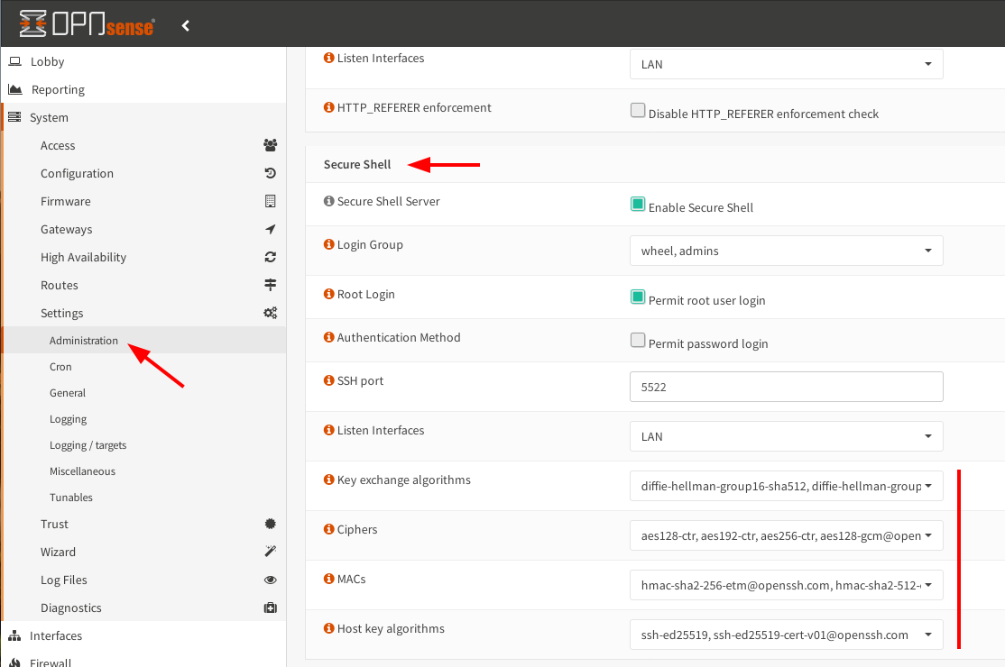 OPNsense SSH settings