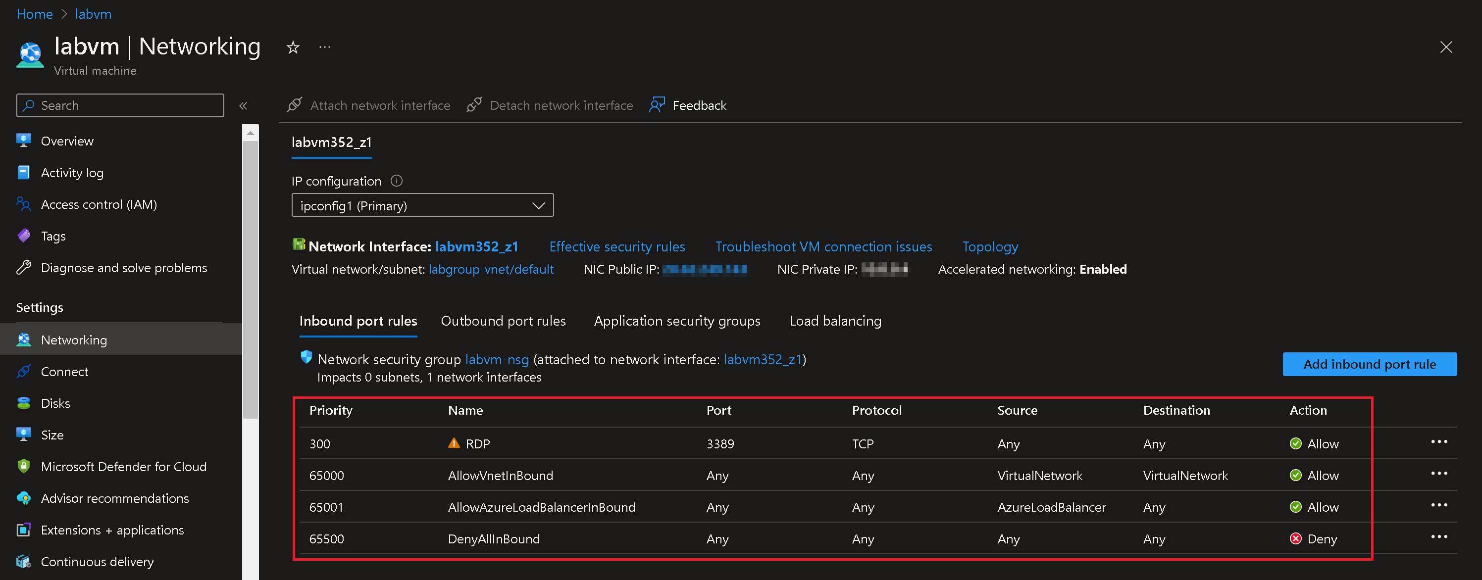 Displays default NSG settings