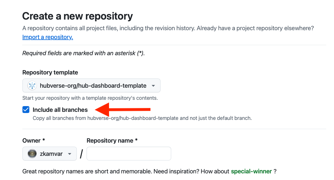 A GitHub Form for "Create a new repository" with the hub-dashboard-template shown as the template and a big red arrow pointing to a checked box that says "Include all branches"