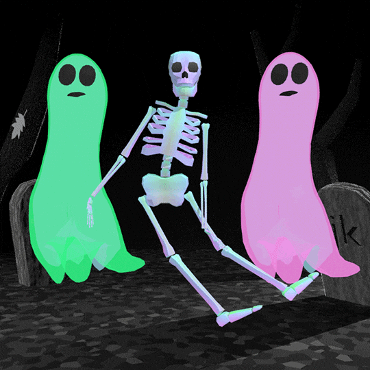 GIF of an animated skeleton and ghosts dancing aw yee