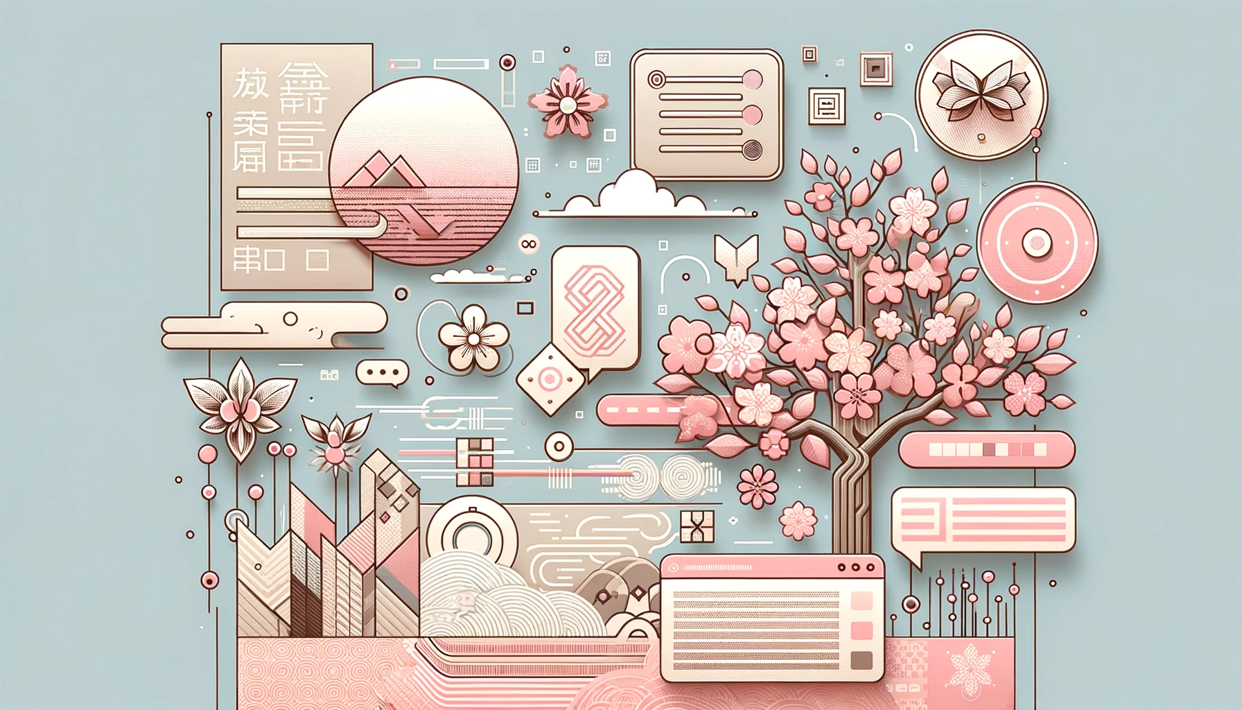 Banner for a dataset card featuring a fusion of digital and traditional Japanese elements. The design includes stylized digital prompts and haiku within text bubbles and on digital screens, set against a backdrop of delicate cherry blossoms and a serene Japanese landscape. The color scheme is dominated by soft pastel pink tones, creating a harmonious blend of modern technology and classical poetry aesthetics.