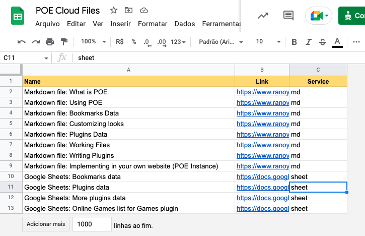 Google Sheet used to include all POE documentation