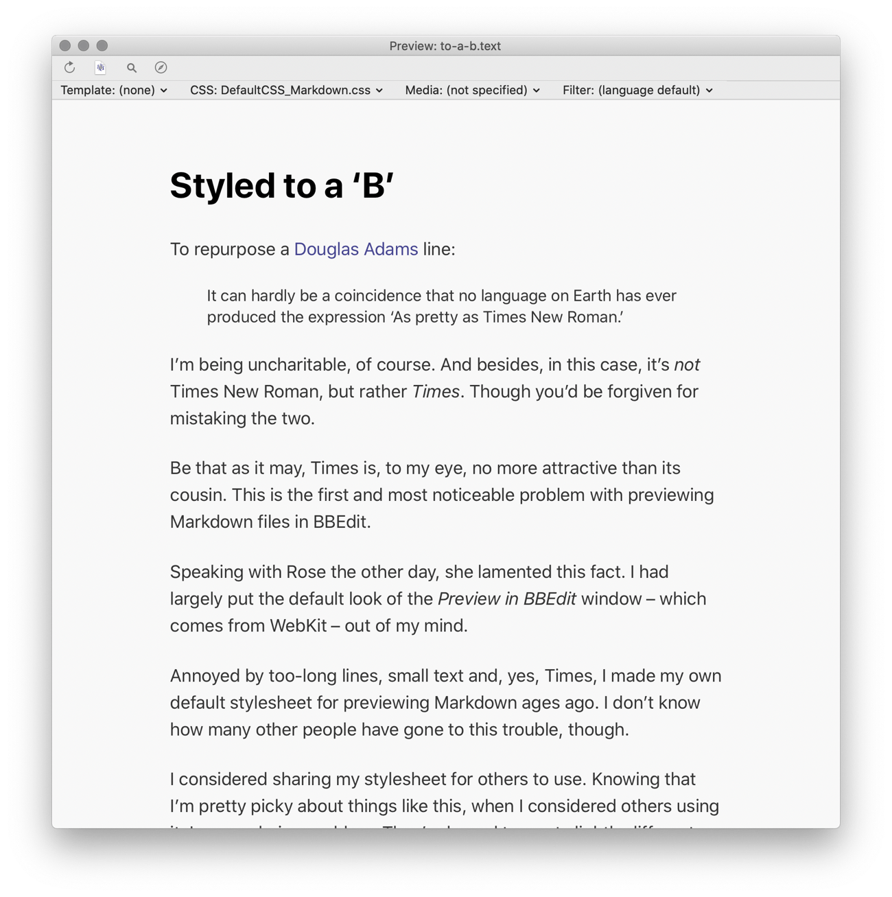 Screenshot of this article previewed using the BBStylish stylesheet in the ‘Preview in BBEdit’ window.